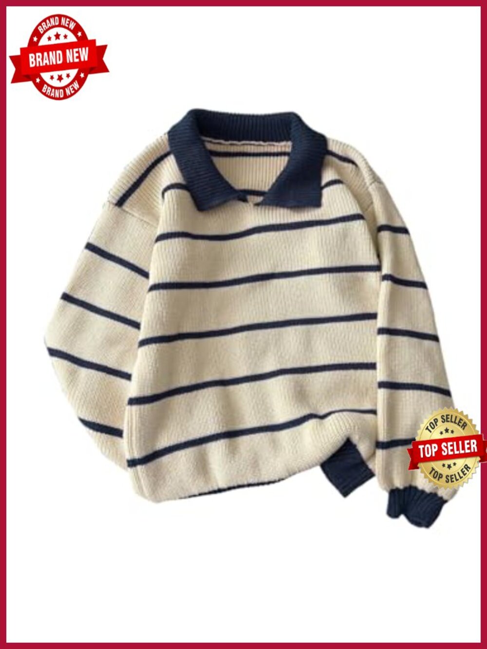 Striped Collared Oversized Knit Pullover Sweater